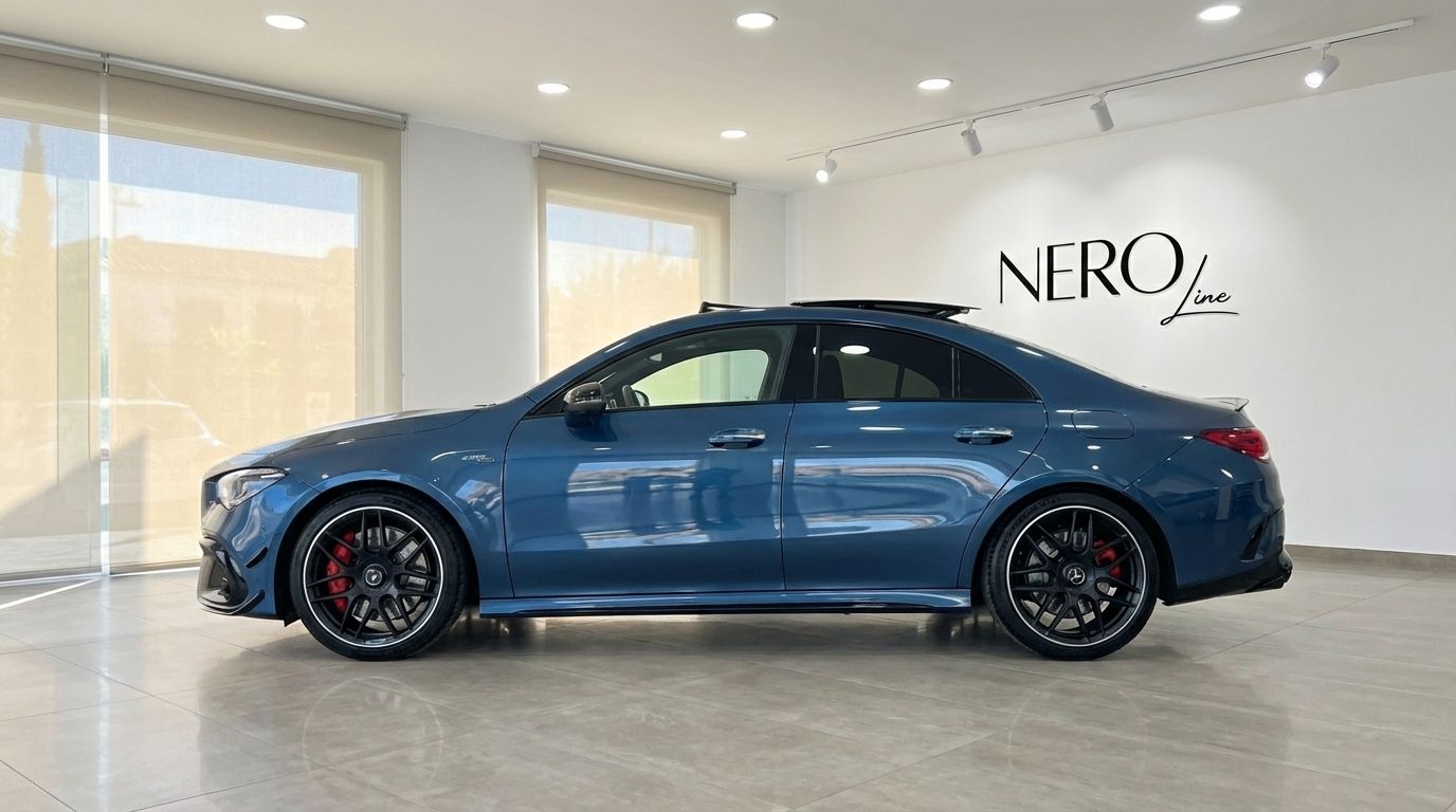 The matte blue Mercedes-Benz CLA 45s AMG is showcased in a side profile view within a showroom in Alicante.