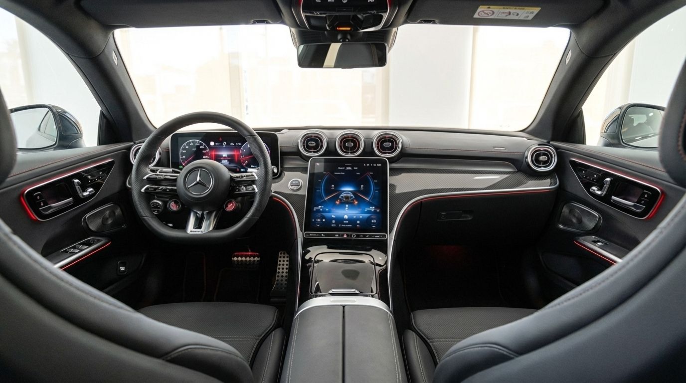 El lujoso interior del Mercedes-Benz CLE 53 AMG Coupé en Alicante, mostrando el volante, pantallas digitales y molduras de fibra de carbono.