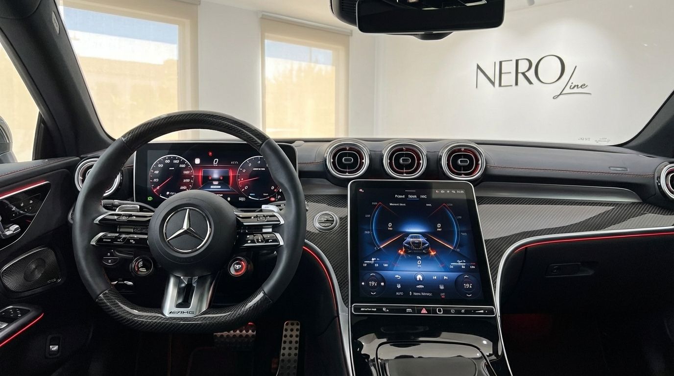 El lujoso habitáculo y salpicadero del Mercedes-Benz CLE 53 AMG Coupé 2025 en Alicante, con pantallas digitales e iluminación ambiental.