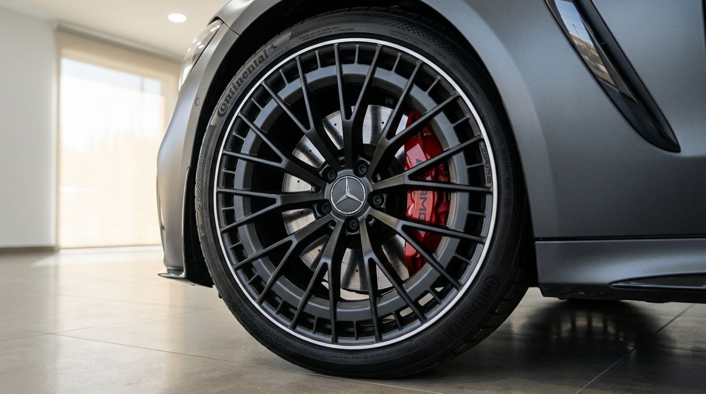 Primer plano de la llanta delantera negra multirradio y la pinza de freno AMG roja del Mercedes-Benz CLE 53 AMG Coupe gris mate en Alicante.