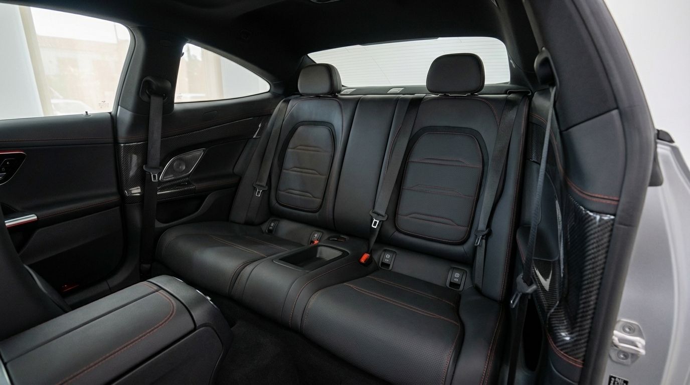 Los lujosos asientos traseros de cuero negro con costuras rojas y molduras de fibra de carbono del Mercedes-Benz CLE 53 AMG Coupé en Alicante.