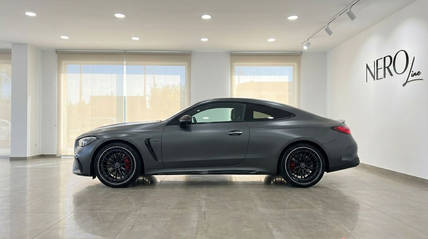 Mercedes-Benz CLE 53 AMG Coupé gris mate, visto de lado en un luminoso showroom de Alicante.