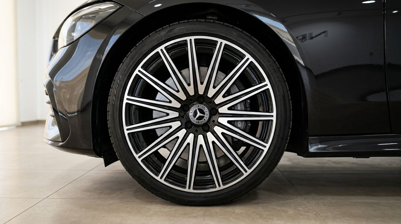 La roue avant détaillée et la peinture noir obsidienne brillante du Mercedes-Benz CLE Cabriolet à Marbella sont présentées.