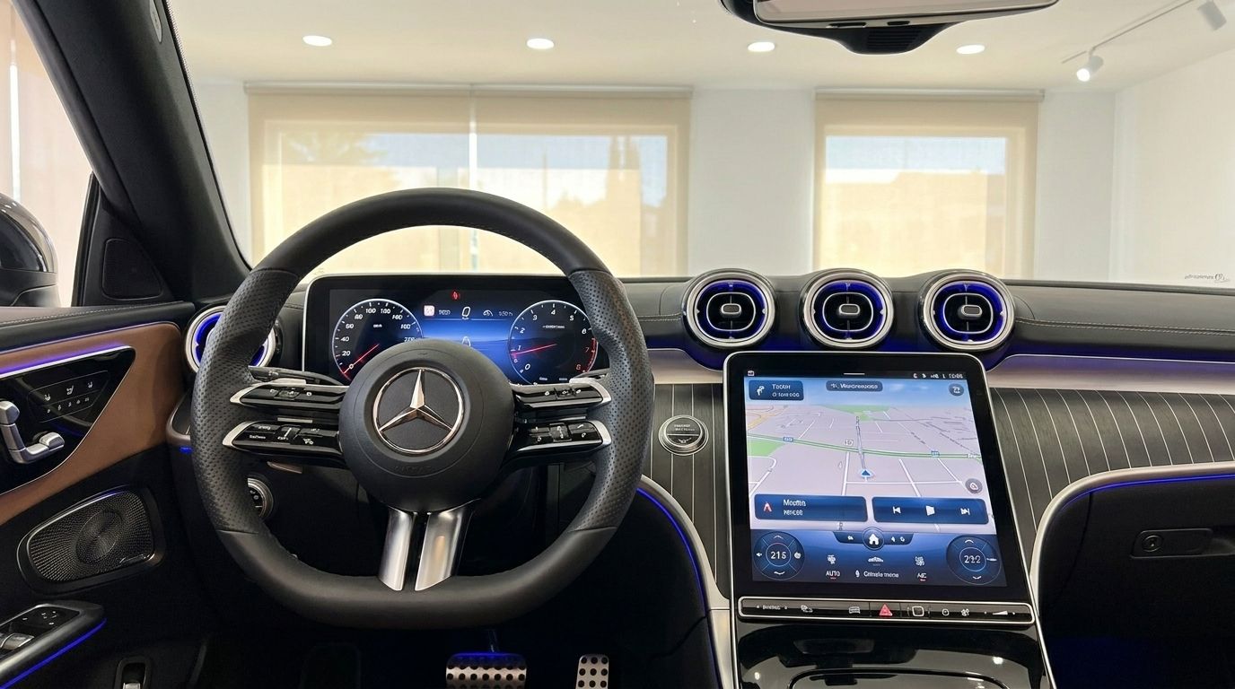 Le cockpit luxueux du Mercedes-Benz CLE Cabriolet 2024 à Marbella, avec tableau de bord numérique et grand écran central.