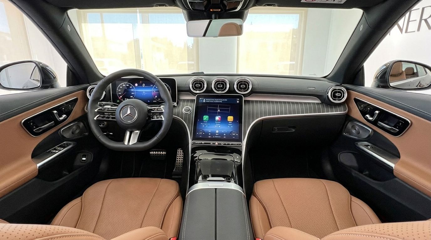 L'intérieur du Mercedes-Benz CLE Cabriolet 2024 à Marbella, avec un tableau de bord moderne, des écrans numériques et des sièges en cuir marron luxueux.