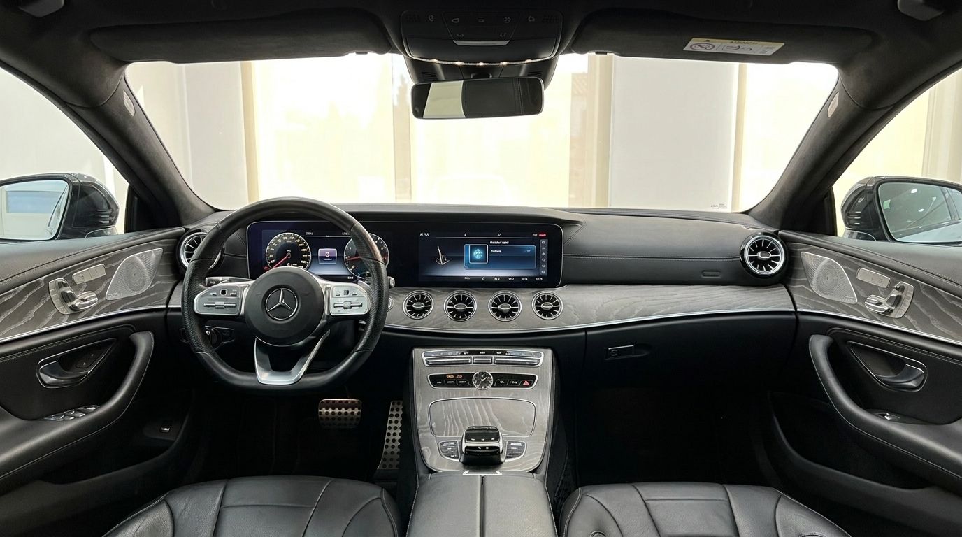 The luxurious interior of the Mercedes-Benz CLS 450 4MATIC, featuring the dashboard, steering wheel, and dual screens in Alicante.