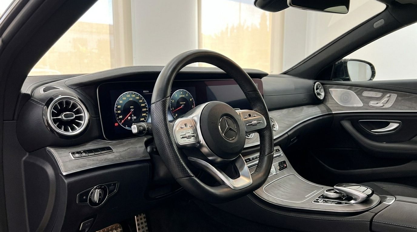 The luxurious cockpit and dashboard of the Mercedes-Benz CLS 450 4MATIC in Alicante, featuring the steering wheel and digital display.