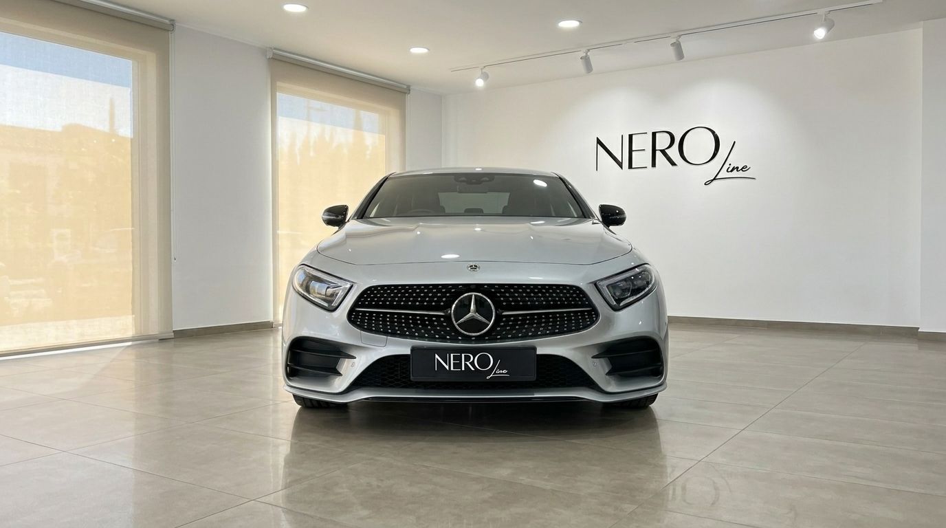 The Mercedes-Benz CLS 450 4MATIC luxury sedan is shown from the front in a bright showroom in Alicante.