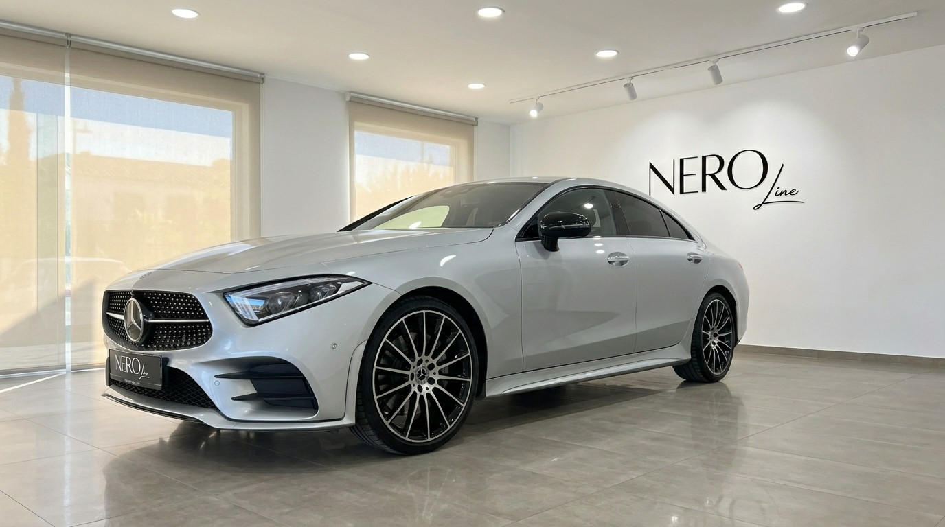 Mercedes-Benz CLS 450 4MATIC — Front view Alicante The elegant silver Mercedes-Benz CLS 450 4MATIC is showcased from a front three-quarter angle in a modern showroom in Alicante.