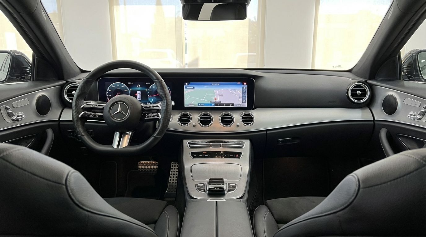 The luxurious interior of the 2024 Mercedes-Benz E 300de, showcasing its modern dashboard, steering wheel, and infotainment system in Barcelona.