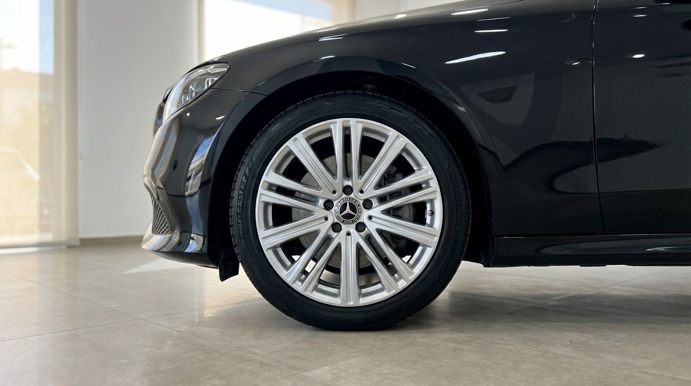 The sleek black Mercedes-Benz E 300de's front wheel and part of its elegant body are visible in Barcelona.