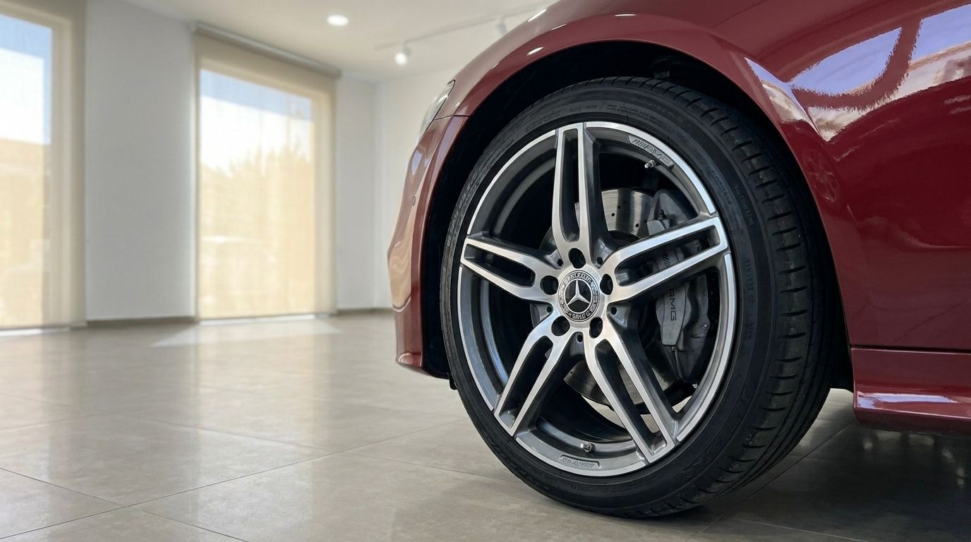 The Mercedes-Benz E-Class Cabrio AMG Line's front wheel, featuring an AMG rim and brake caliper, is showcased in a Mallorca showroom.
