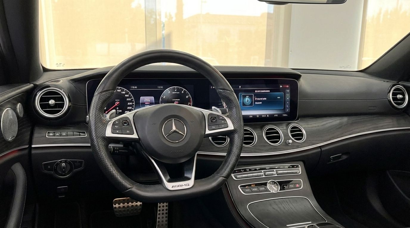 The luxurious interior dashboard and AMG steering wheel of the Mercedes-Benz E-Class Cabrio AMG Line in Mallorca.
