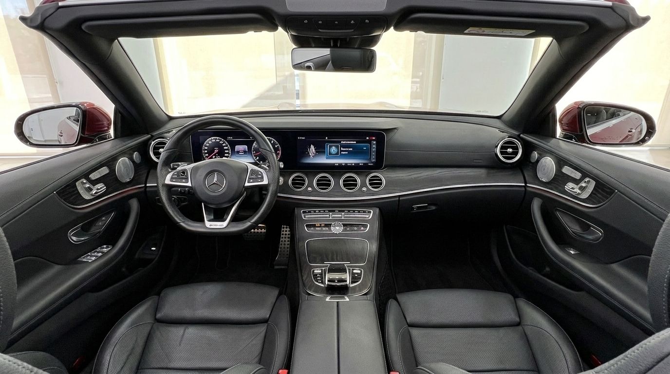 The luxurious cockpit and dashboard of the Mercedes-Benz E-Class Cabrio AMG Line in Mallorca, featuring black leather seats and a wide digital display.