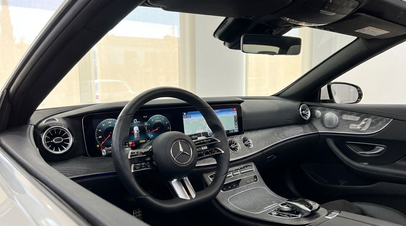 Le cockpit et le tableau de bord luxueux de la Mercedes-Benz E200 Cabrio 2021 à Marbella, avec volant et écrans numériques.