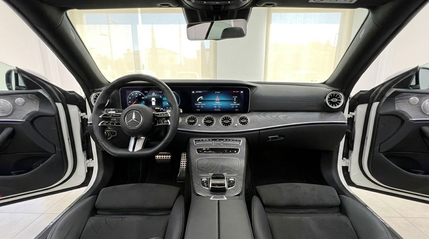 L'intérieur et le tableau de bord luxueux du Mercedes-Benz E200 Cabrio 2021, présentant son système d'infodivertissement avancé à Marbella.