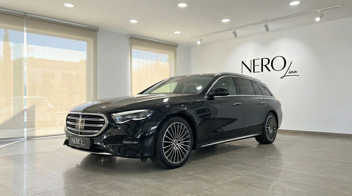 The black 2023 Mercedes-Benz E300e AMG line Estate is showcased from the front three-quarter view in Alicante.