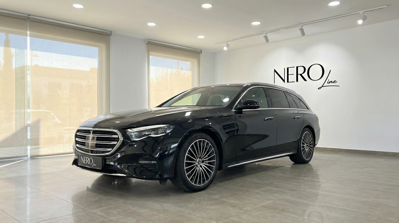 Mercedes-Benz E300e AMG line — Front view Alicante The black 2023 Mercedes-Benz E300e AMG line Estate is showcased from the front three-quarter view in Alicante.