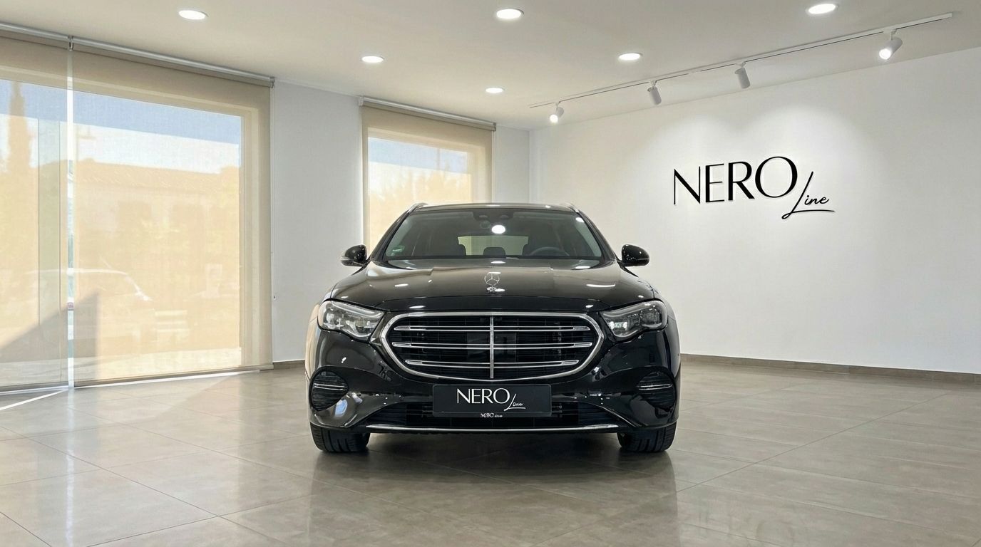 Black Mercedes-Benz E300e AMG line car, front view, parked in a showroom in Alicante with the NEROline logo.