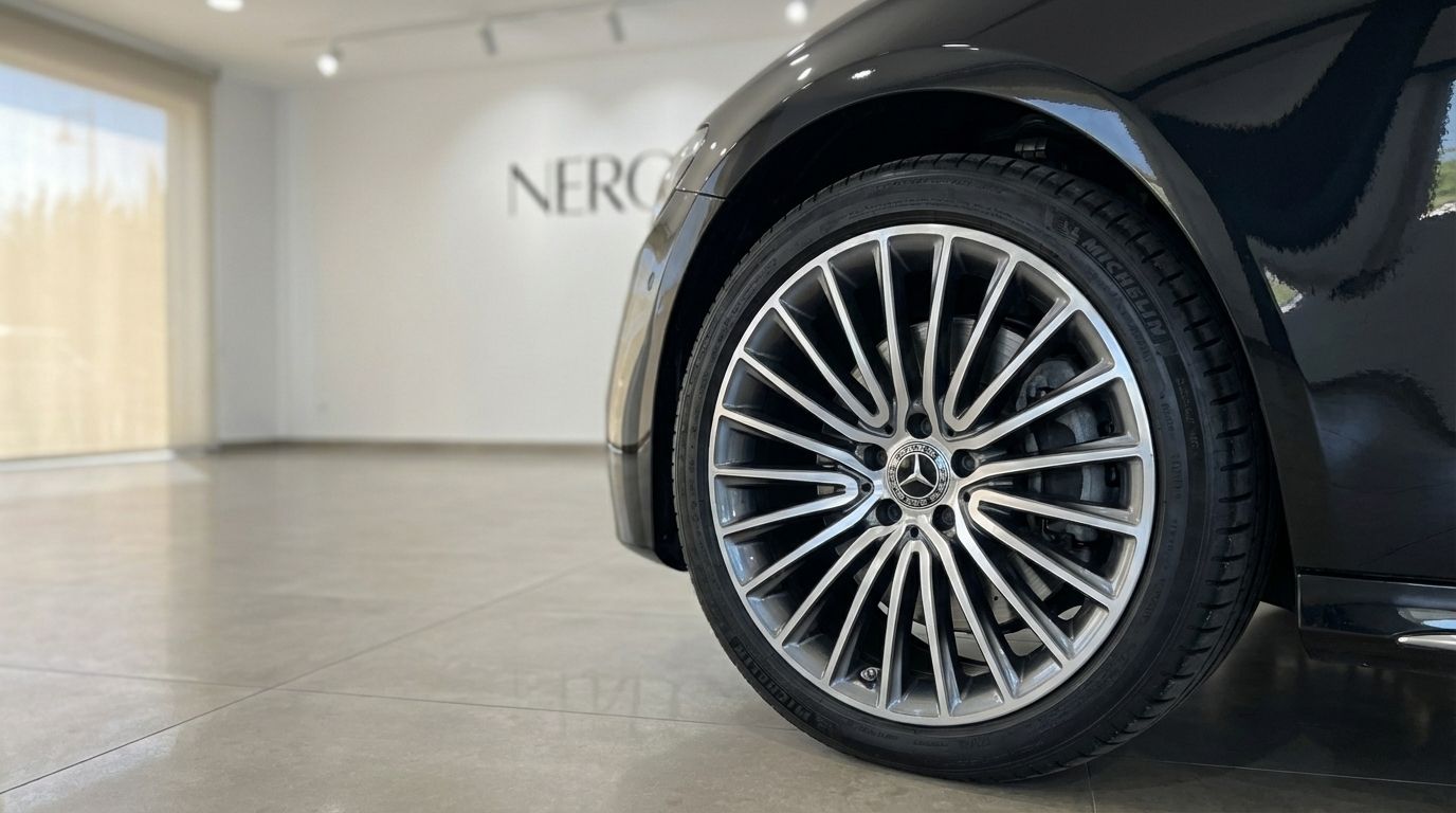 The Mercedes-Benz E300e AMG line's metallic black front fender and detailed alloy wheel are showcased in a showroom in Alicante.