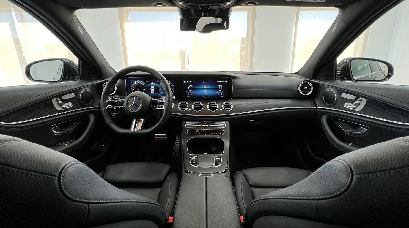 Mercedes-Benz E300e AMG line interior, showcasing the luxurious black dashboard, steering wheel, and digital displays in Alicante.