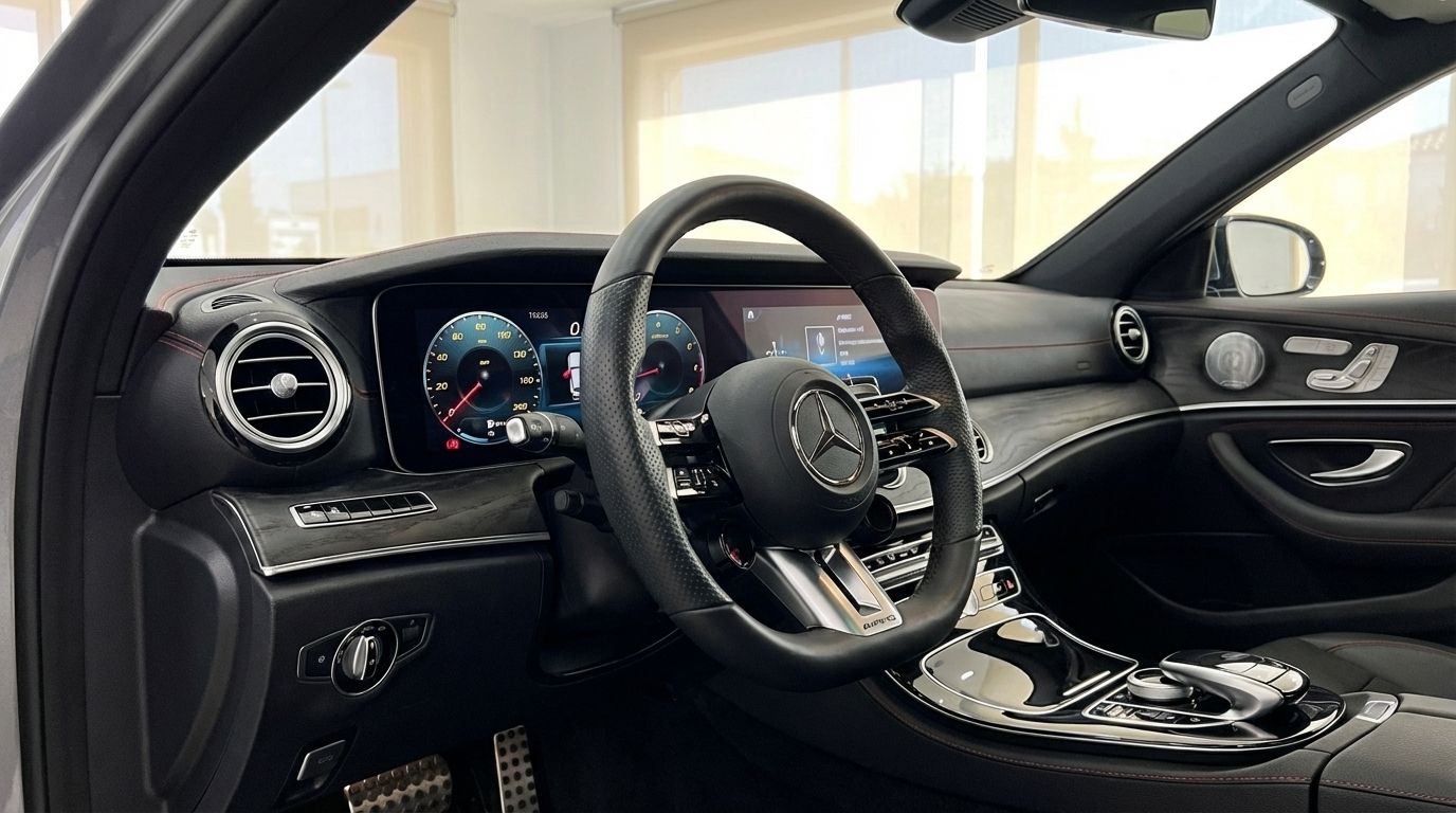 The luxurious interior of the Mercedes-Benz E300e AMG line in Alicante, showcasing its modern dashboard, digital displays, and multi-function steering wheel.