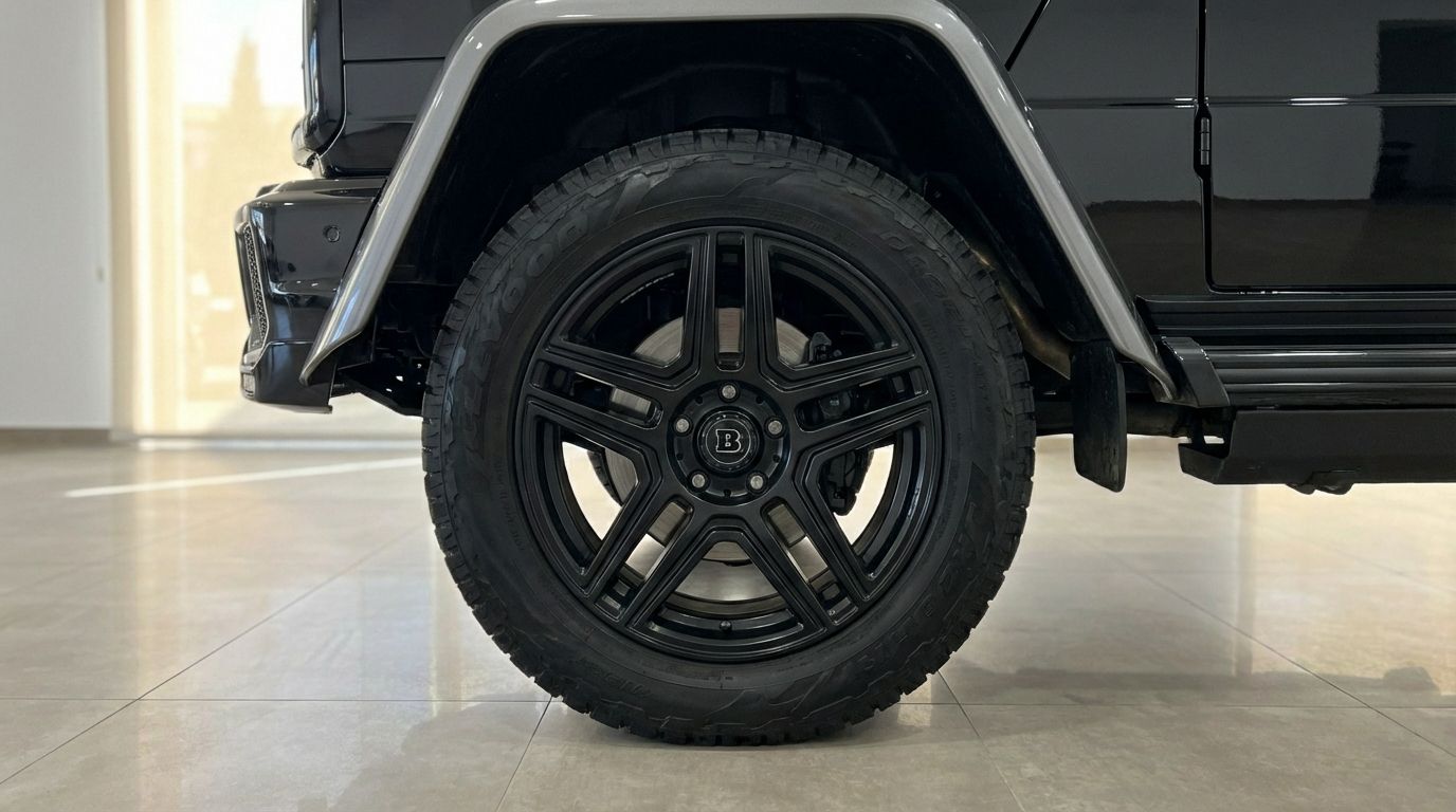 The black Mercedes-Benz G 500 features a prominent front wheel with a Brabus rim and grey fender flare in Marbella.