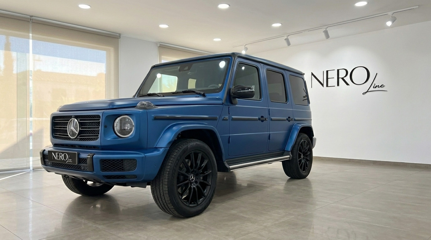 Mercedes-Benz G 580 EQ — Matte Dark Blue SUV The matte dark blue Mercedes-Benz G 580 EQ is showcased in a front three-quarter view inside a showroom in Mallorca.