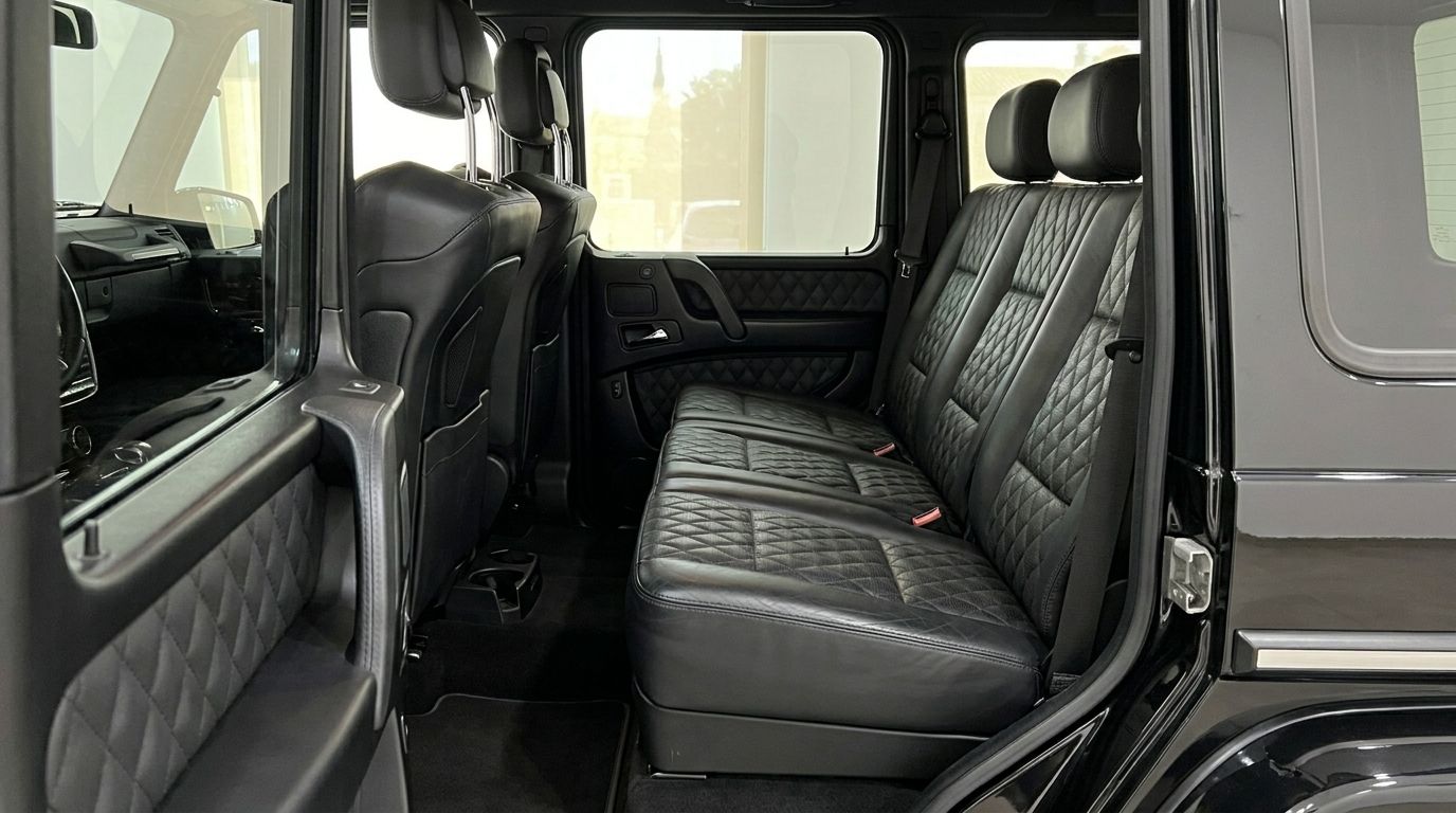 The luxurious rear quilted leather seats and door panel of the Mercedes-Benz G 500 (AMG Styling) available for rent in Alicante.