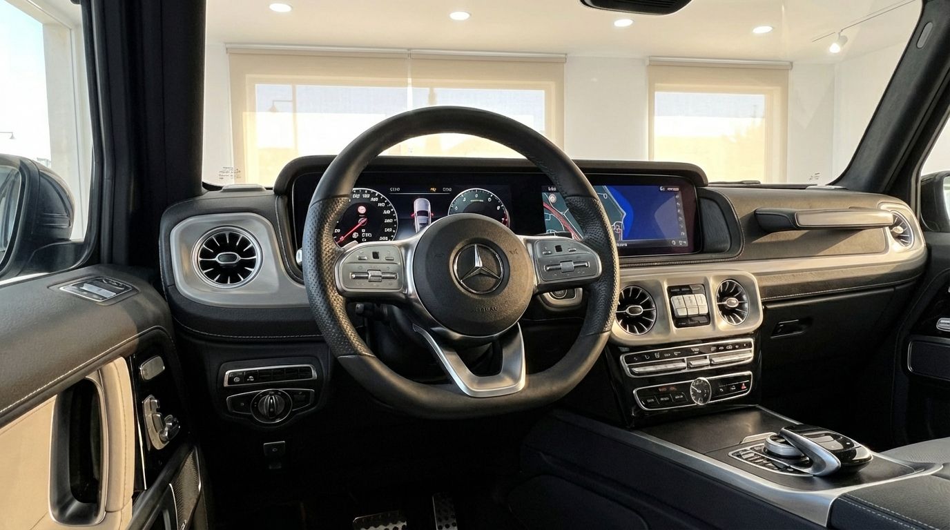 The luxurious black interior of the Mercedes-Benz G 500 in Marbella, featuring its modern dashboard and steering wheel.