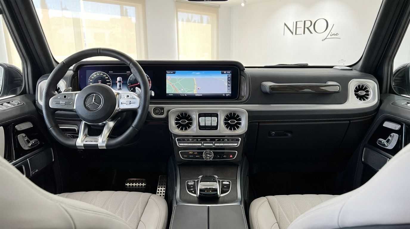 The luxurious interior of the Mercedes-Benz G 500 in Marbella, featuring its modern dashboard, steering wheel, and central navigation display.
