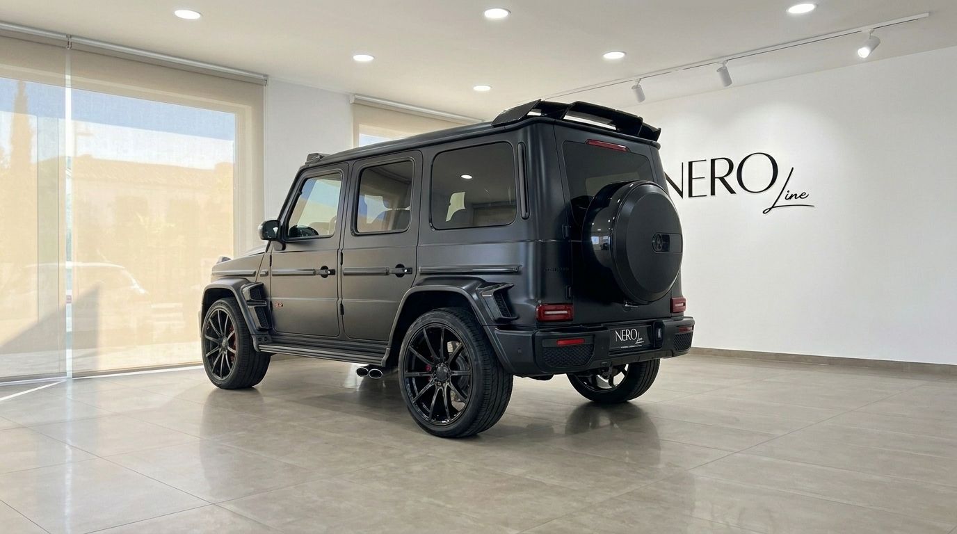 The matte black Mercedes-Benz G63 800 BRABUS G-Class is parked indoors, shown from a rear three-quarter view in Ibiza.