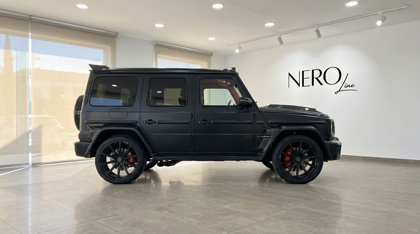 The matte black Mercedes-Benz G63 800 BRABUS is parked sideways in a showroom in Ibiza, showcasing its full profile.