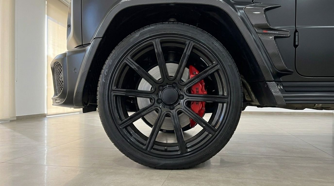 Close-up of the matte black Mercedes-Benz G63 800 BRABUS front wheel, featuring a black multi-spoke rim and red BRABUS brake caliper in Ibiza.