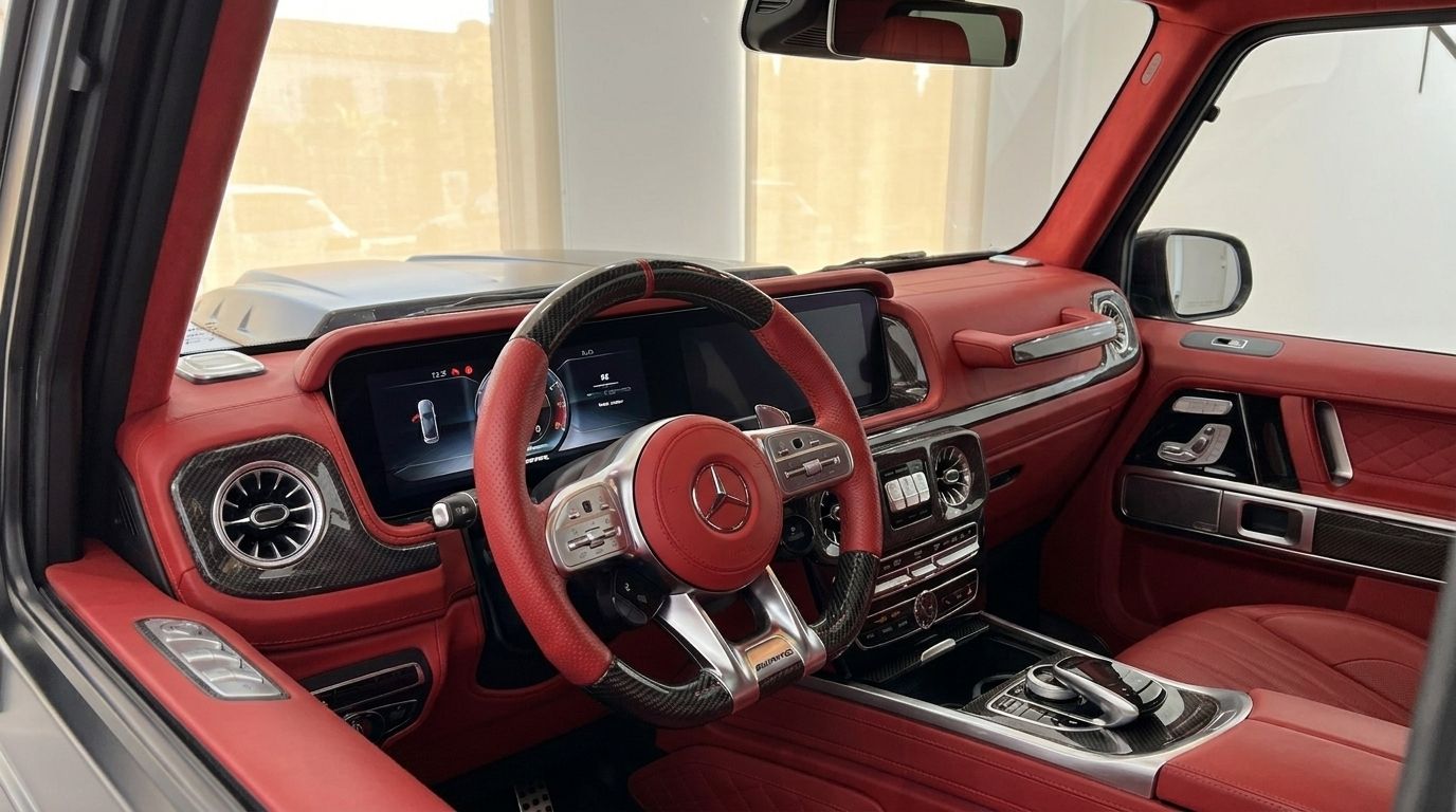 The luxurious red leather interior of the Mercedes-Benz G63 800 BRABUS, showcasing the steering wheel and dashboard in Ibiza.