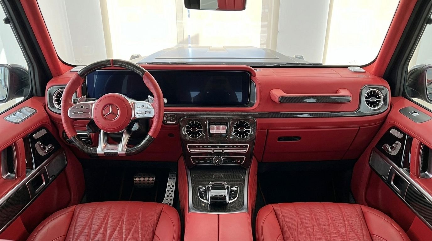 The luxurious red leather interior of the Mercedes-Benz G63 800 BRABUS, featuring the steering wheel and dashboard, available in Ibiza.