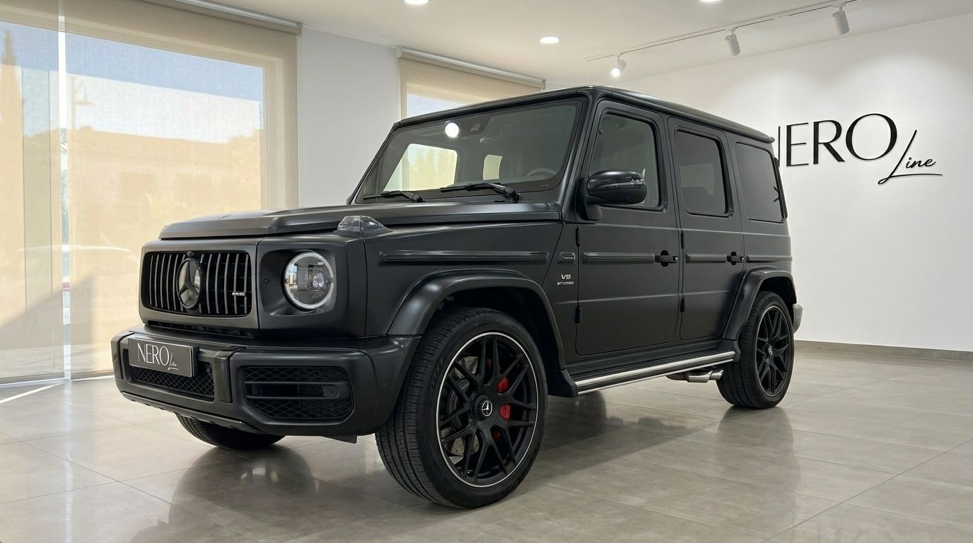 Le Mercedes-Benz G63 AMG noir mat est présenté de trois quarts avant dans un showroom à Marbella.