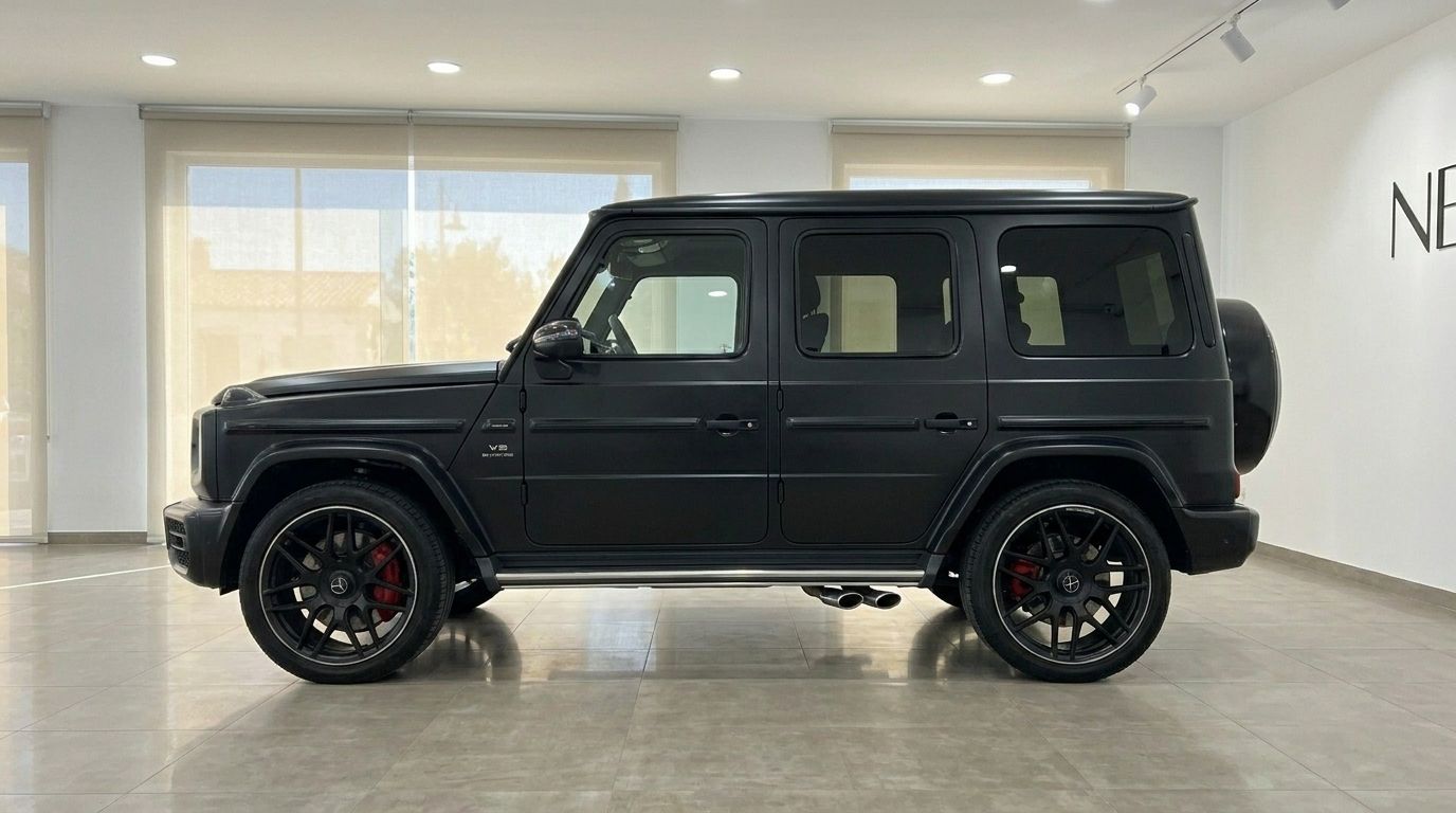 Le Mercedes-Benz G63 AMG noir mat est présenté de profil, garé en intérieur à Marbella.