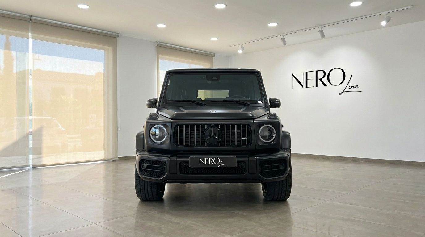 Le Mercedes-Benz G63 AMG 2021 noir mat est présenté de face dans un lumineux showroom de Marbella.