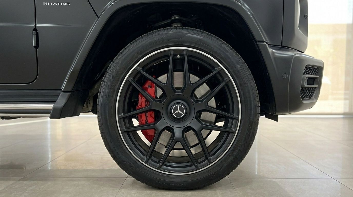 La roue avant du Mercedes-Benz G63 AMG noir mat avec jantes multibranches noires et étriers de frein AMG rouges à Marbella.
