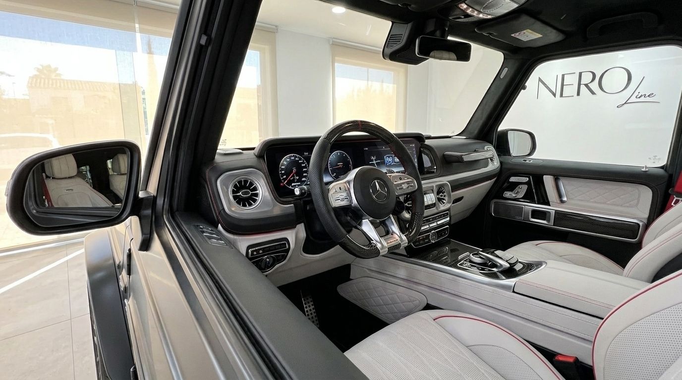 L'intérieur luxueux du Mercedes-Benz G63 AMG à Marbella, présentant le cockpit détaillé, le tableau de bord et le siège passager.