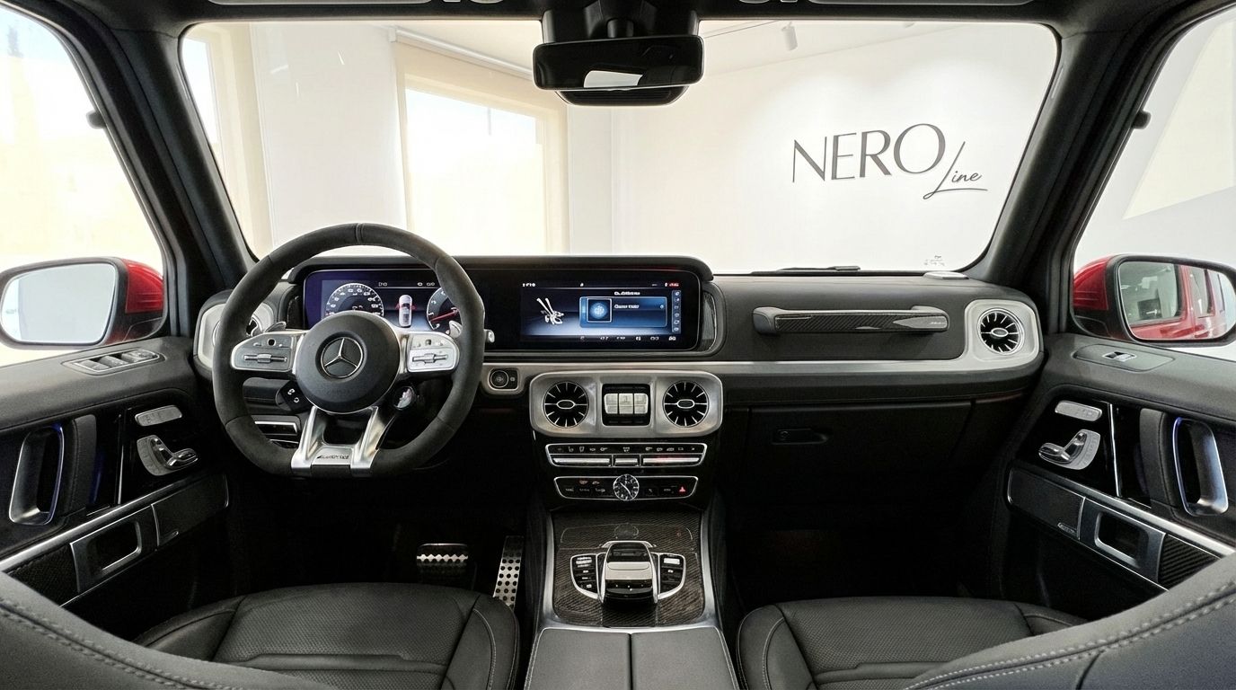 The luxurious interior of the 2022 Mercedes-Benz G63 AMG, showcasing its steering wheel, digital dashboard, and infotainment system.