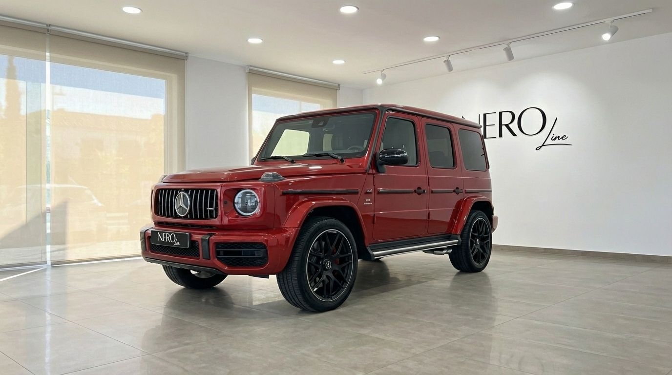 The glossy red 2022 Mercedes-Benz G63 AMG performance SUV is showcased in a showroom in Alicante.