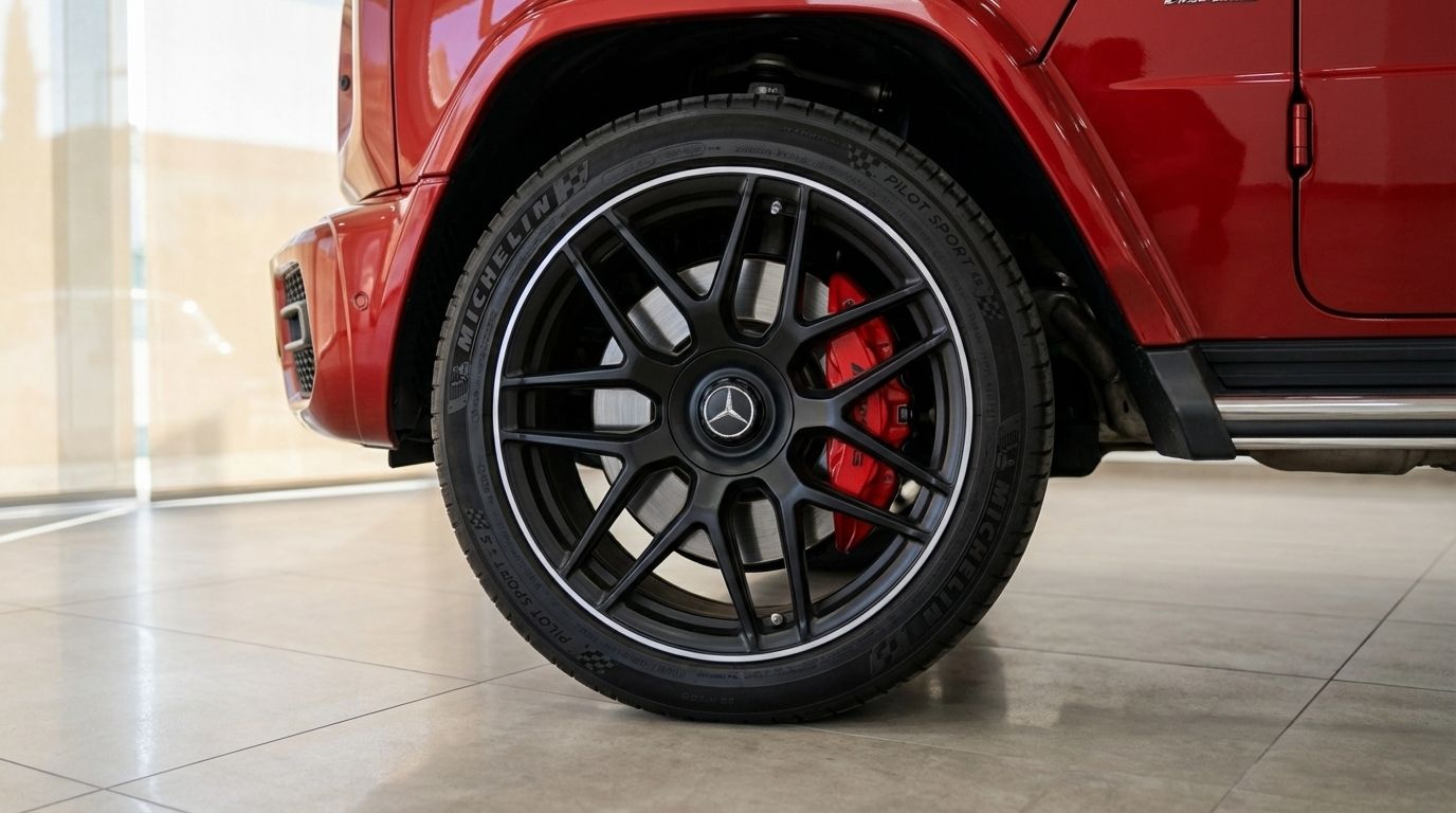 Close-up of the glossy red Mercedes-Benz G63 AMG's front wheel, showcasing the black rim and red brake caliper in Alicante.