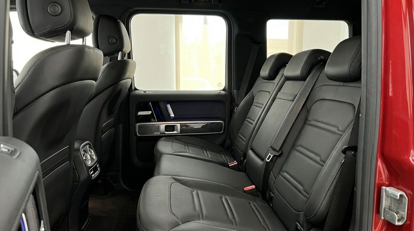 The luxurious black leather rear seats and door panel of the Mercedes-Benz G63 AMG in Alicante.