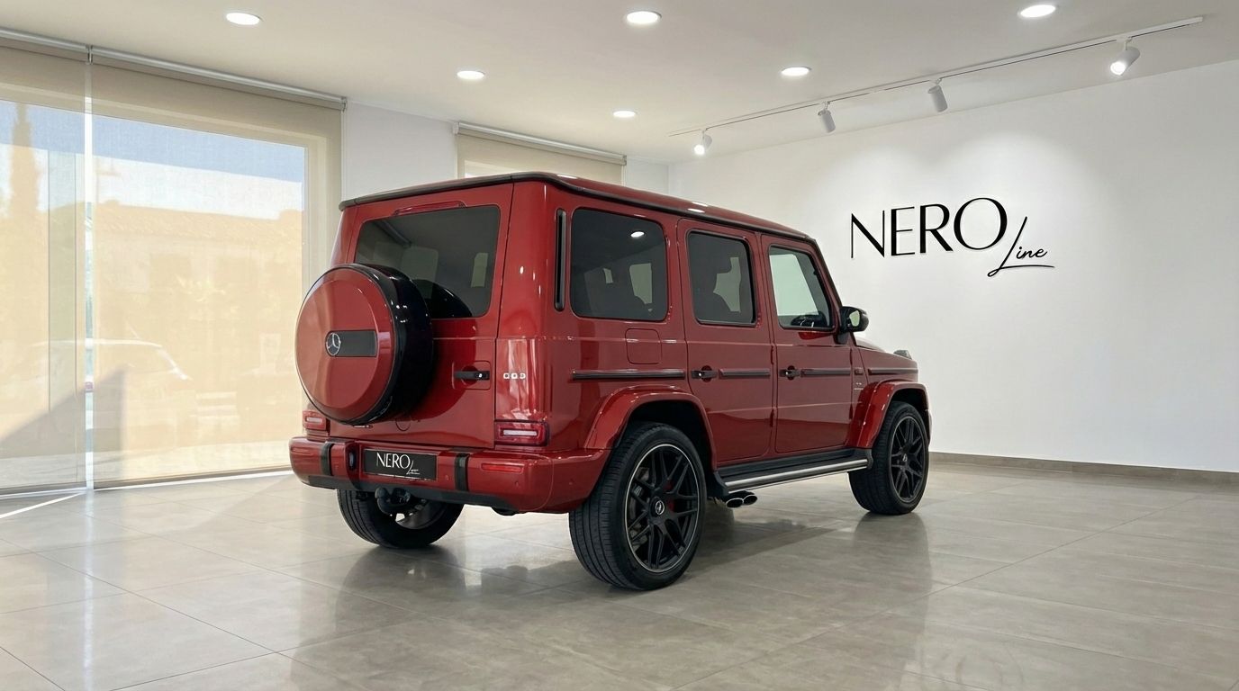 The glossy red Mercedes-Benz G63 AMG is showcased from a rear three-quarter angle in a bright Alicante showroom.