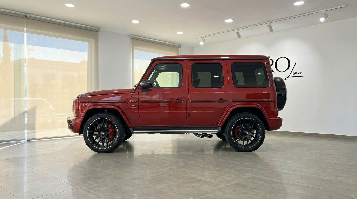 A glossy red 2022 Mercedes-Benz G63 AMG luxury SUV is parked indoors, showcasing its side profile in Alicante.