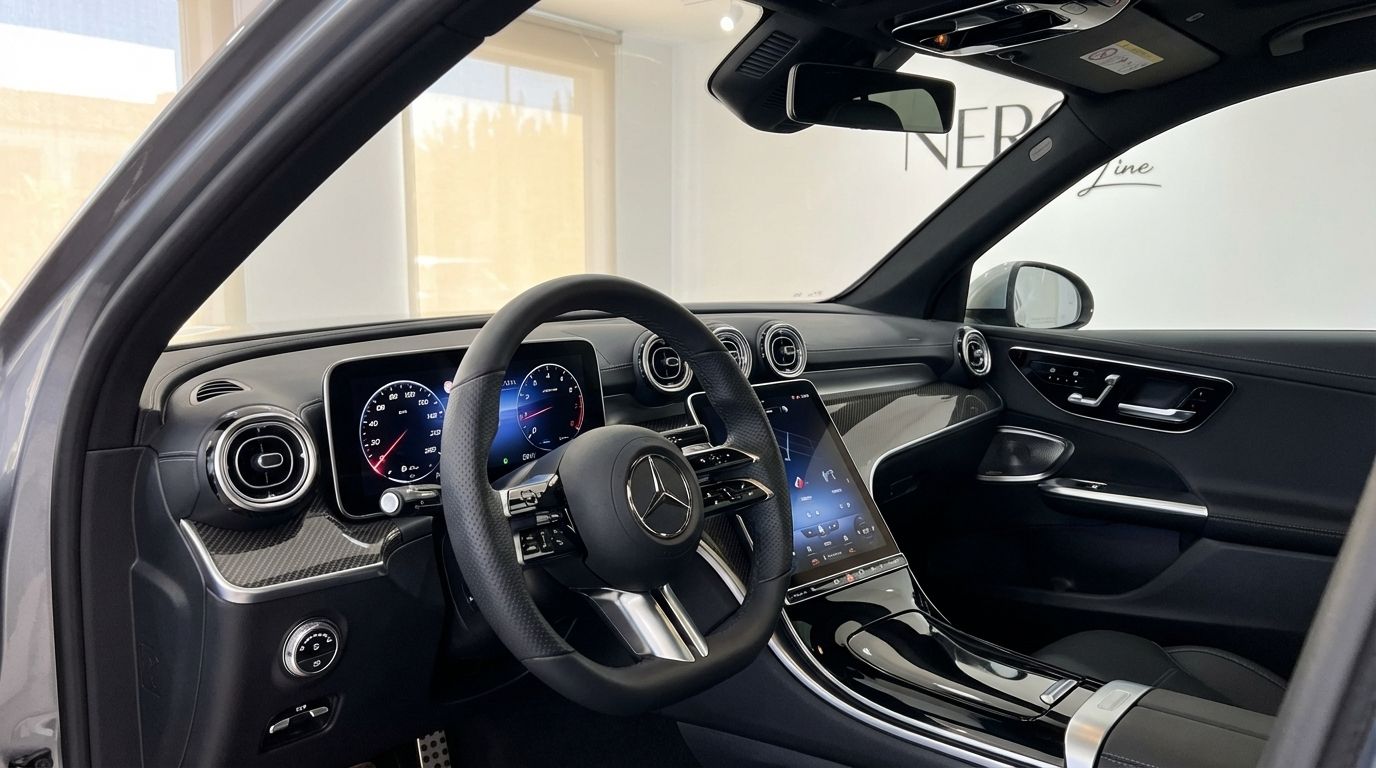 The luxurious interior of the 2025 Mercedes-Benz GLC 200 in Alicante, featuring the steering wheel, digital dashboard, and central display.