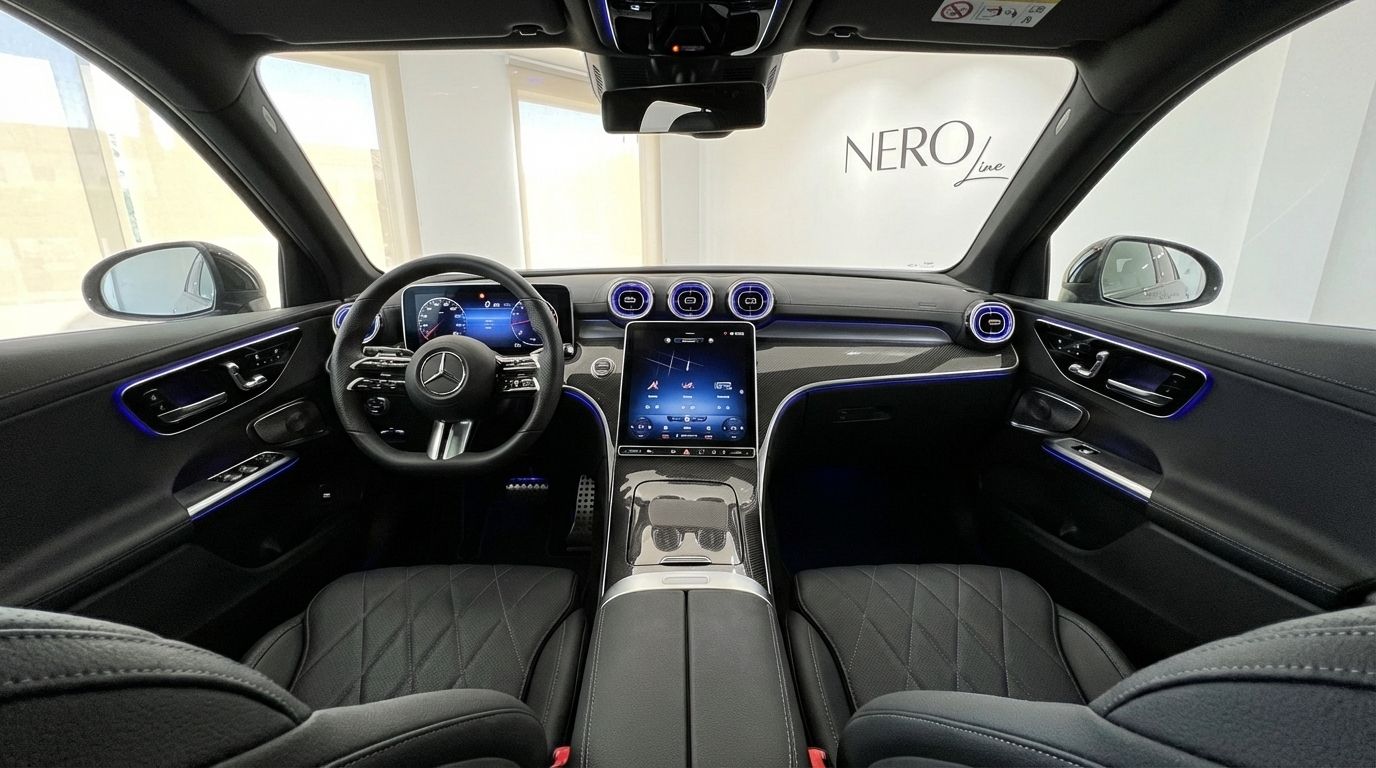 Mercedes-Benz GLC 200 interior, showcasing the modern dashboard, steering wheel, and central screen in Alicante.