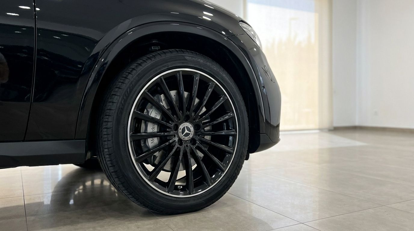 La rueda delantera y el guardabarros del Mercedes-Benz GLC 300 AMG Line negro obsidiana brillante se muestran en Ibiza.